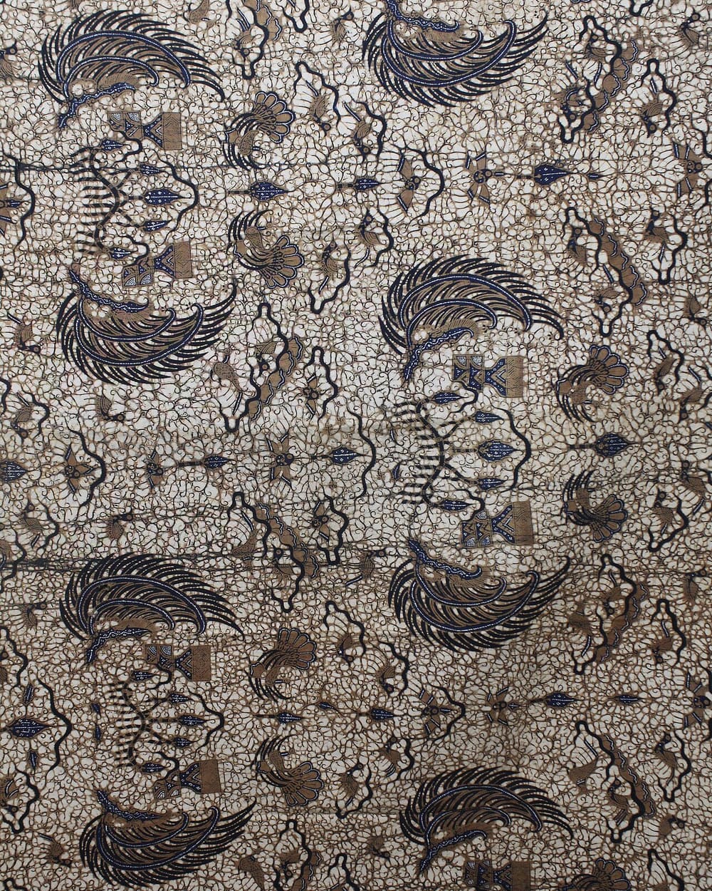 Batik cloth with semen motif of plants, birds and mountains in soga brown
